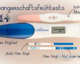 Verschiedene Schwangerschaftstests, darunter ein digitaler Clearblue, zeigen, wie sicher Schwangerschaftstests sind. ES+14.