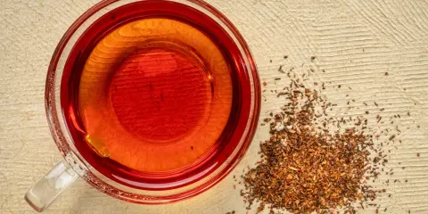 Eine Tasse roter Rooibos Tee neben getrockneten Blättern. Ideal für die Schwangerschaft.
