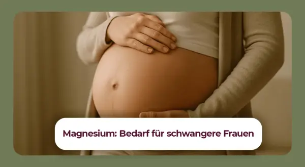 Schwangerenbauch mit Händen. Text: "Magnesium: Bedarf für schwangere Frauen". Wieviel Magnesium in der Schwangerschaft ist wichtig.