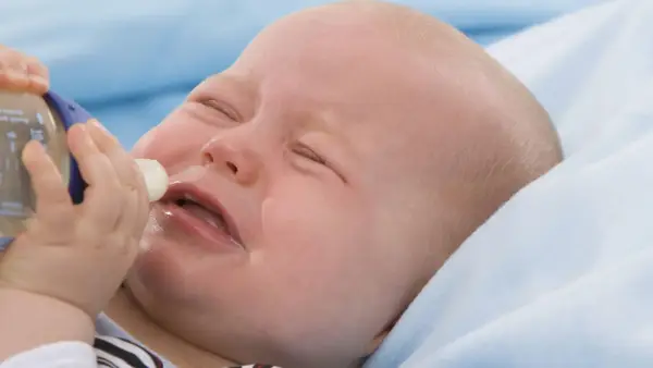 Ein weinendes Baby mit geschlossenen Augen, dem eine Flasche angeboten wird. Das Baby will nicht trinken.