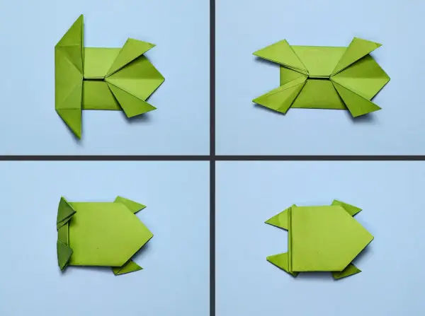 Schritt-für-Schritt-Anleitung für einen Frosch zum Falten. Ideal für Kindergartenkinder, um Origami zu lernen.
